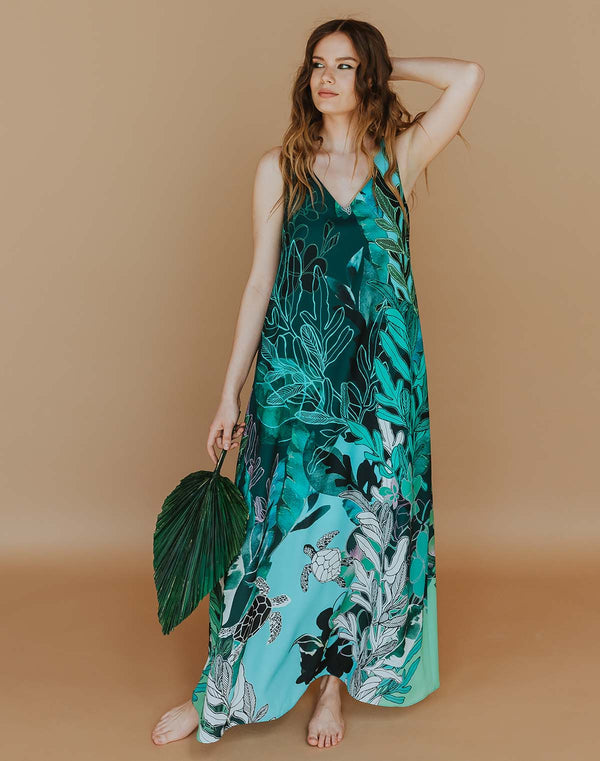 Chiffon maxi dress - Green ocean garden