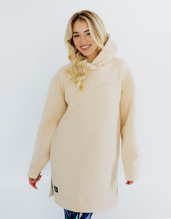 Garā džemperkleita ar kapuci - Silti bēšs