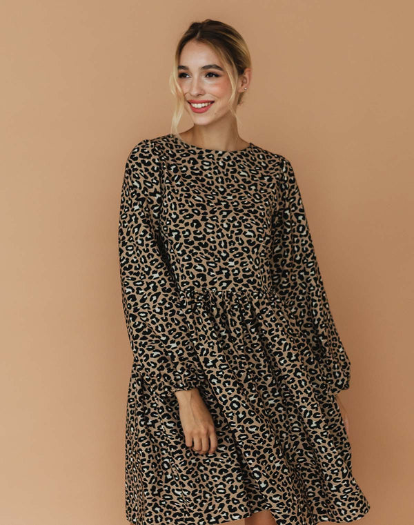 Dress with long puff sleeves - Leopard