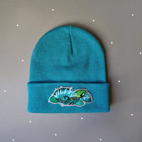 Teal blue beanie hat Leaves