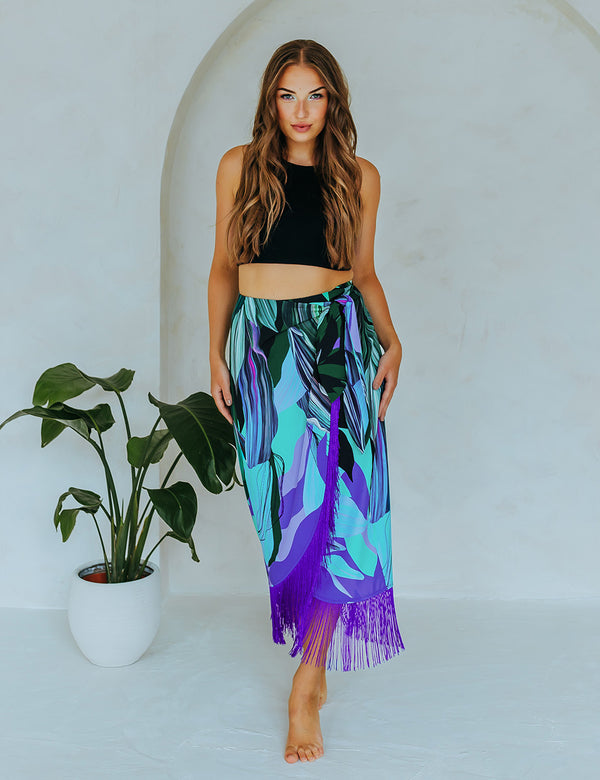 Wrap skirt with fringe - Emerald leaves