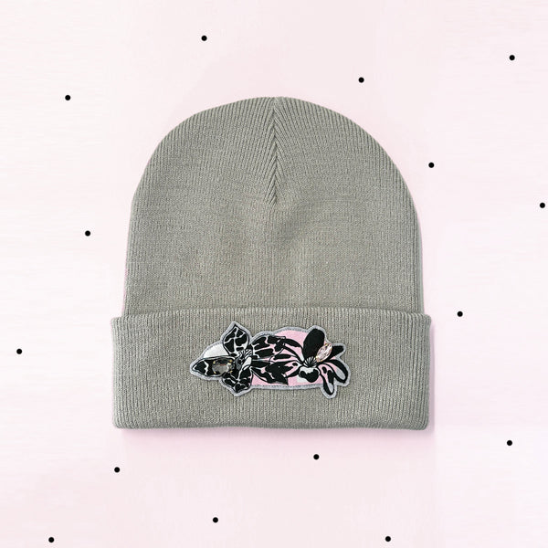 Light grey beanie hat Orchids