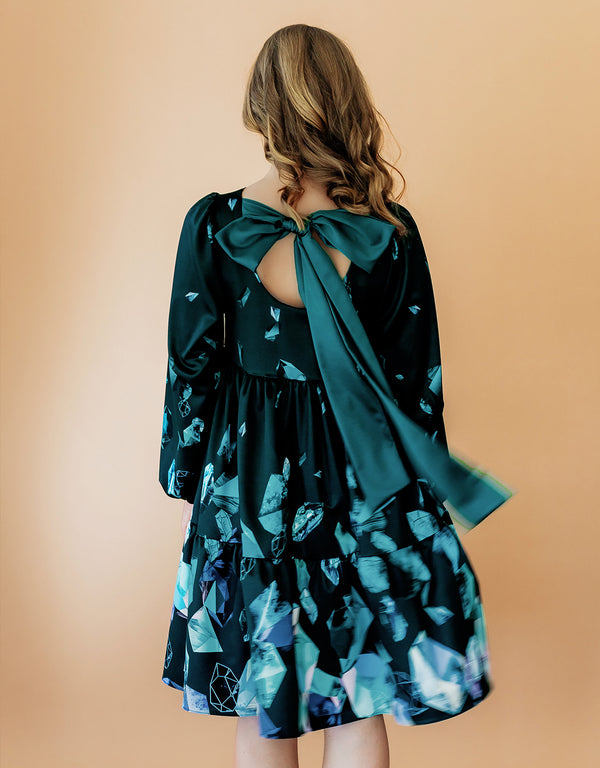 Satin Dress with large bow - Emerald Crystals