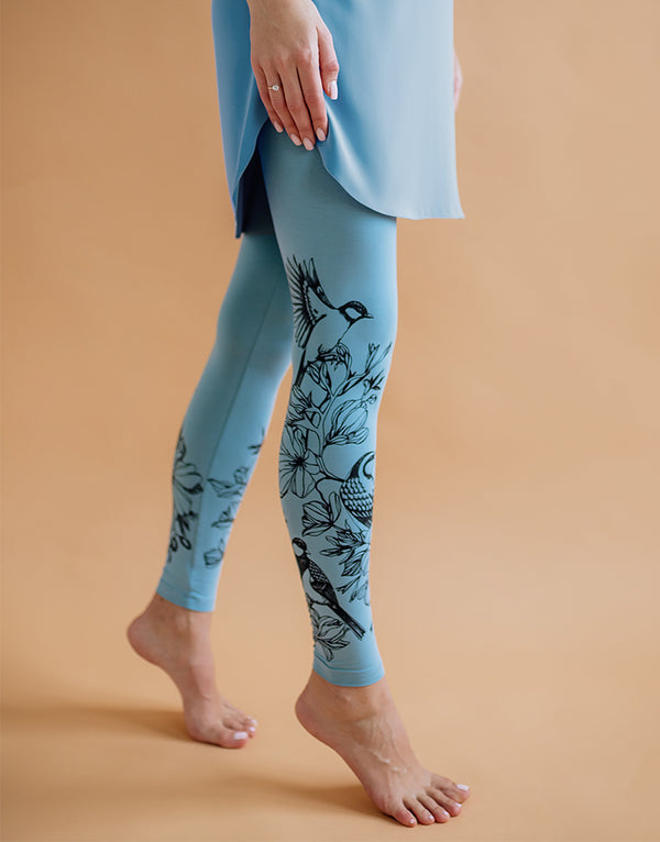 Mist blue jersey leggings for women Birds