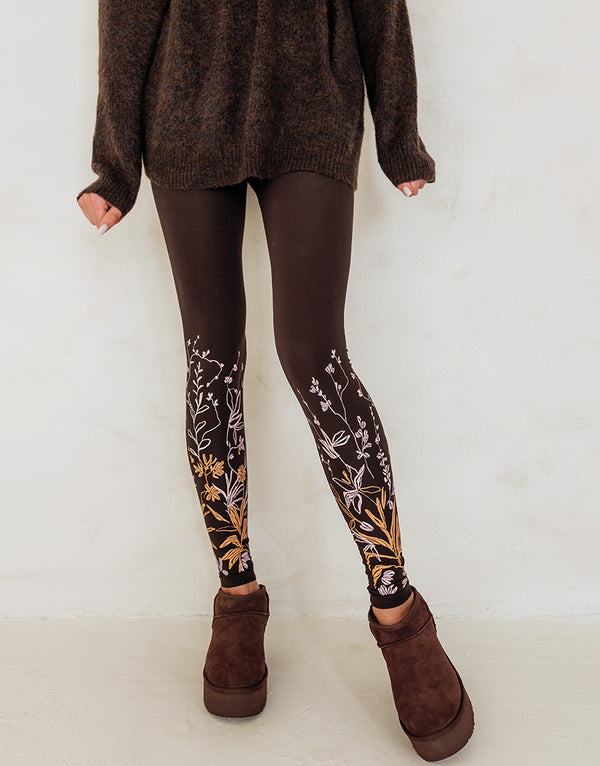 Chocolate brown jersey leggings for women Plants