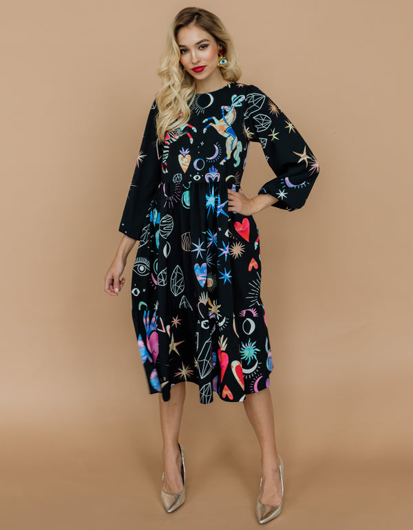 MIDI dress with puff sleeves - Written in the stars