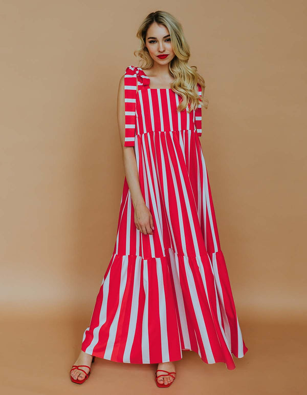 Maxi Dress with bows - Red striped