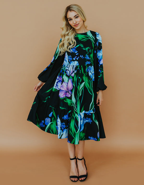 MIDI dress with puff sleeves - Garden