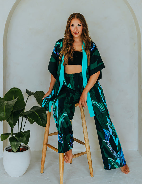 Printed wide leg trousers - Emerald leaves