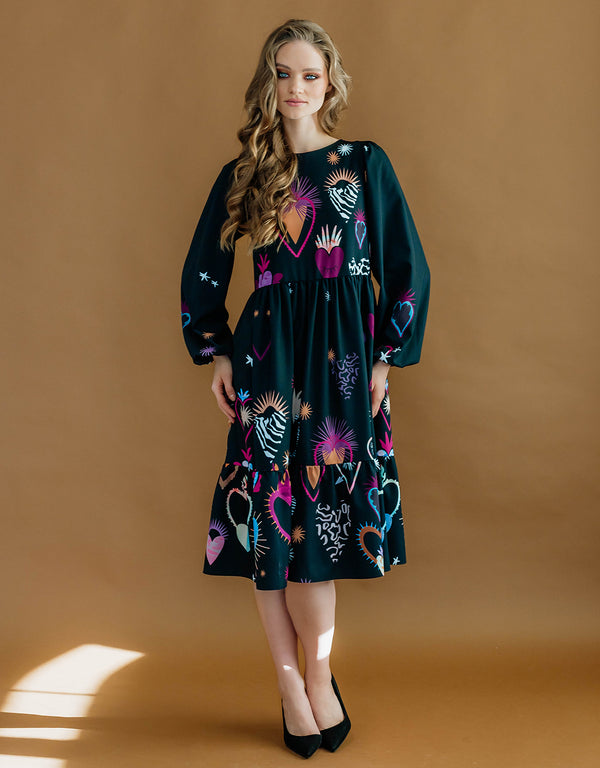 MIDI dress with puff sleeves - Golden Heart