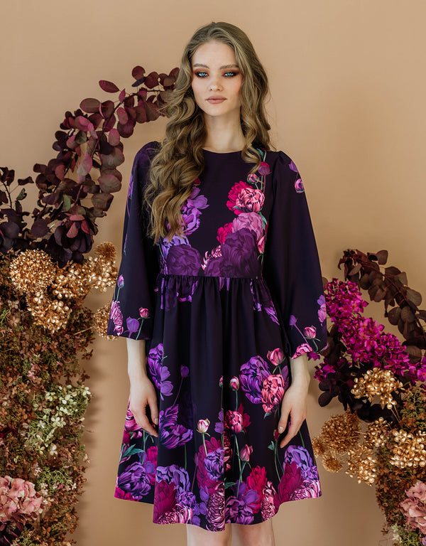 Short dress with long puff sleeves - Peonies