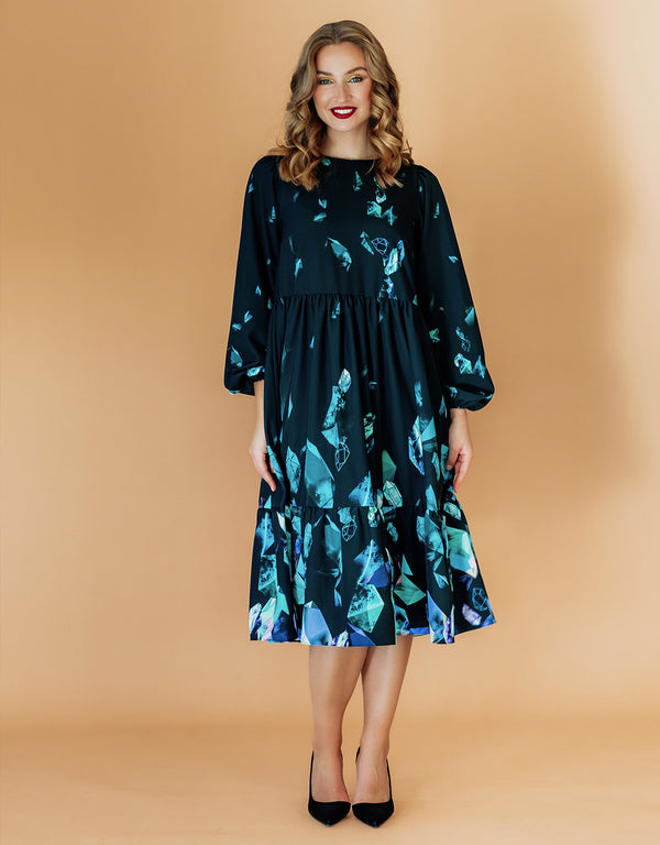 MIDI dress with puff sleeves - Emerald Treasures