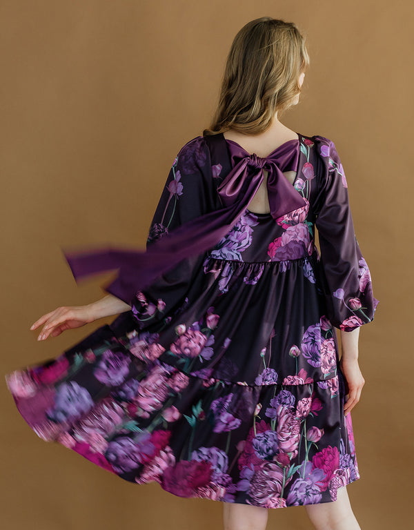 Satin Dress with large bow - Peonies