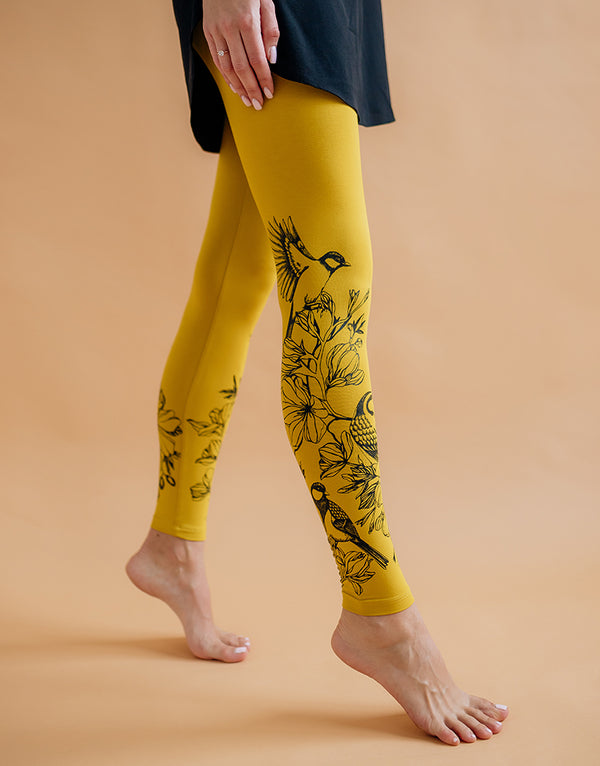 Mustard yellow jersey leggings for women Birds