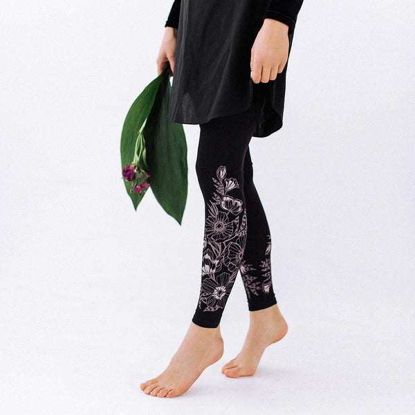 Black leggings for women Powder pink flowers - ZIB*