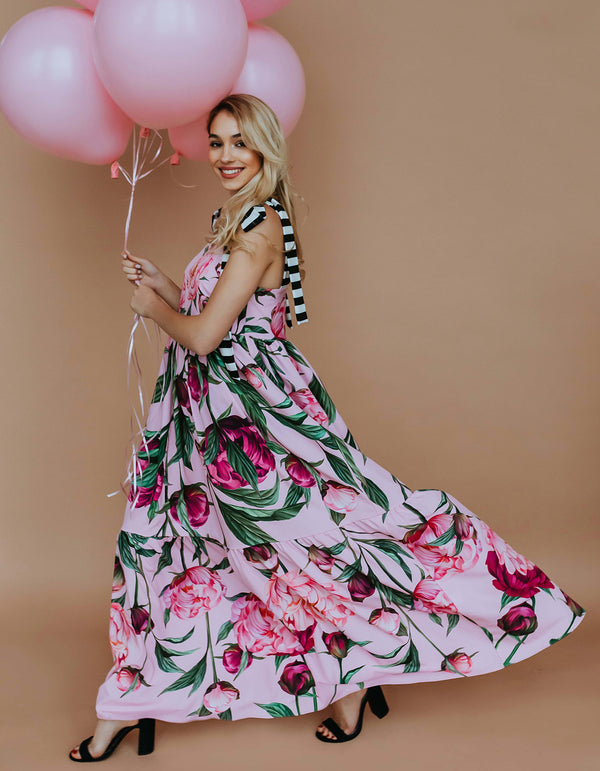 Maxi kleita ar svītrainām bantēm - Rozā peonijas