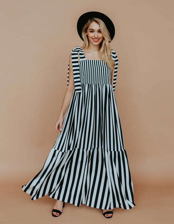 Maxi Dress with striped bows - Black & white