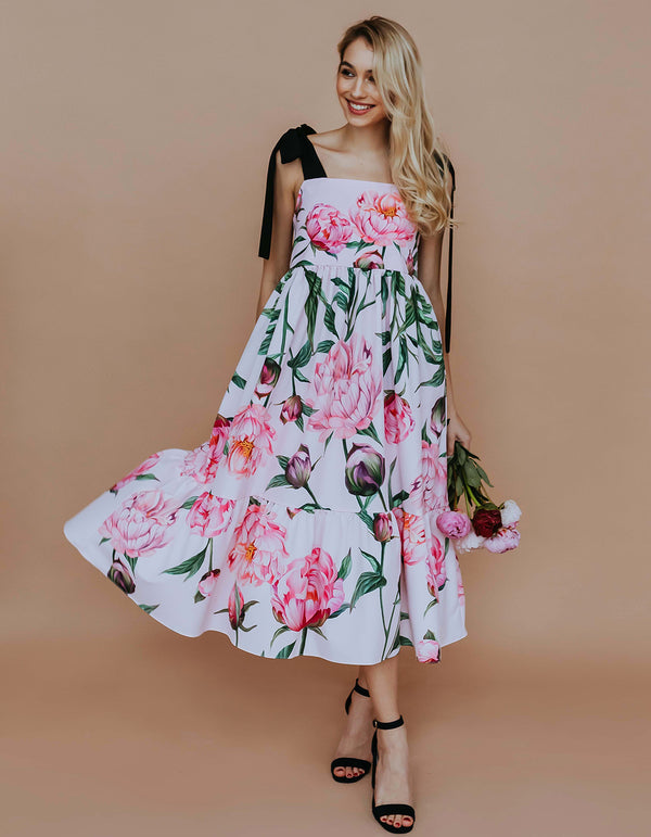 Midi Dress with bows - Pink peonies