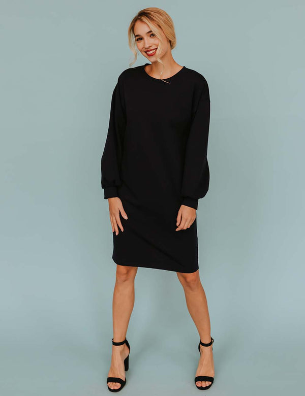 Black cotton sweatshirt dress with puff sleeves