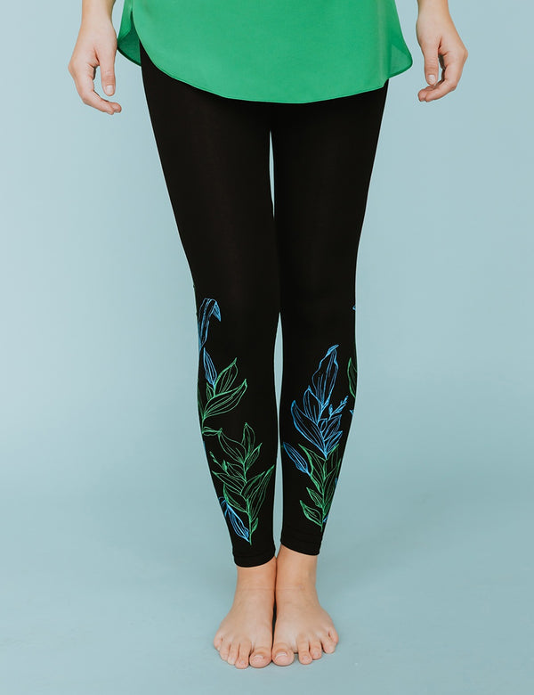 Black jersey leggings for women Green & blue leaves